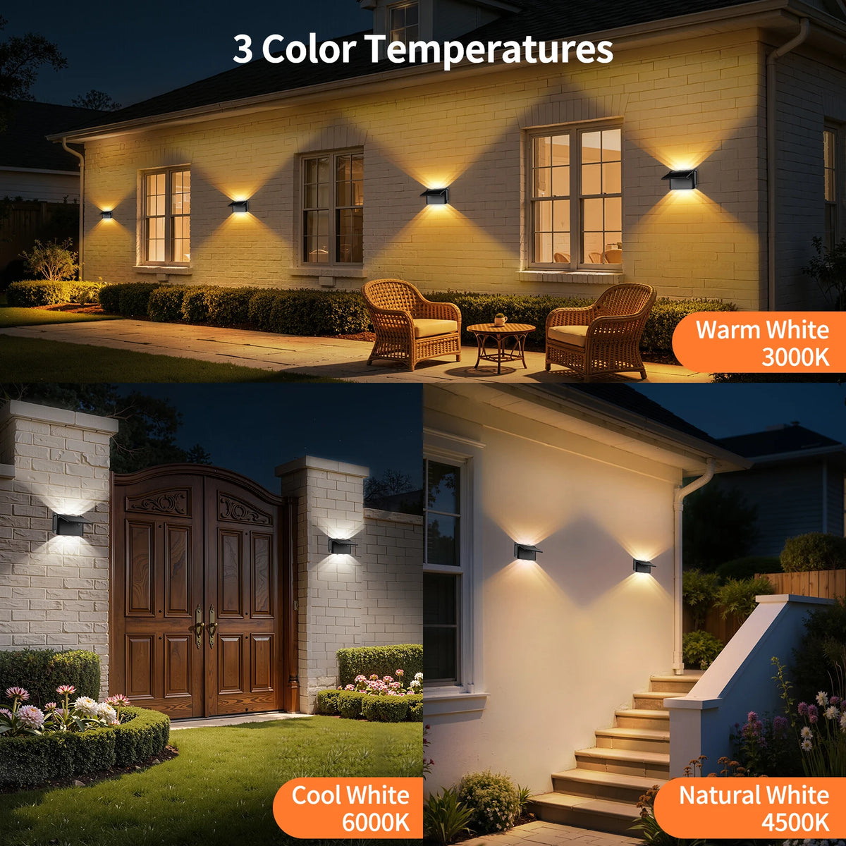 Intelamp 2000mAh Solar Wall Lights 2 Pack 3 Color Modes Up/Down Lighting Solar Lamp For Outdoor Walls Fences Patios Entryways