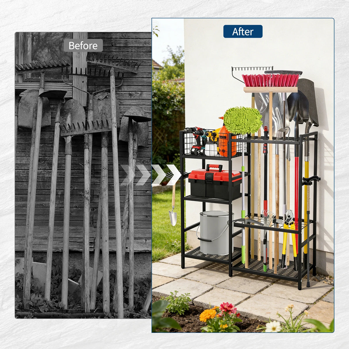 3-Tier Steel Garden Tool Organizer Rack Heavy-Duty Freestanding Garage/Storage Unit Storage Tower with Basket & Shelves 35 Long-Handle Slots Wear-Resistant Hooks