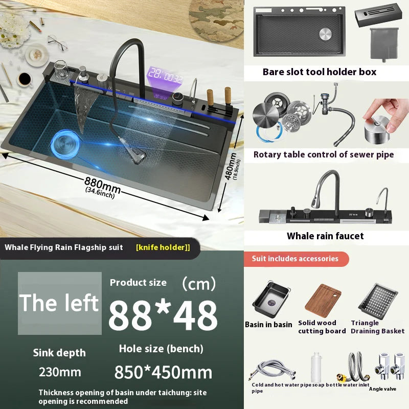 Various Waterfall Kitchen Sink Stainless Steel Multifunctional Large Single Slot Digital Display Sinks
