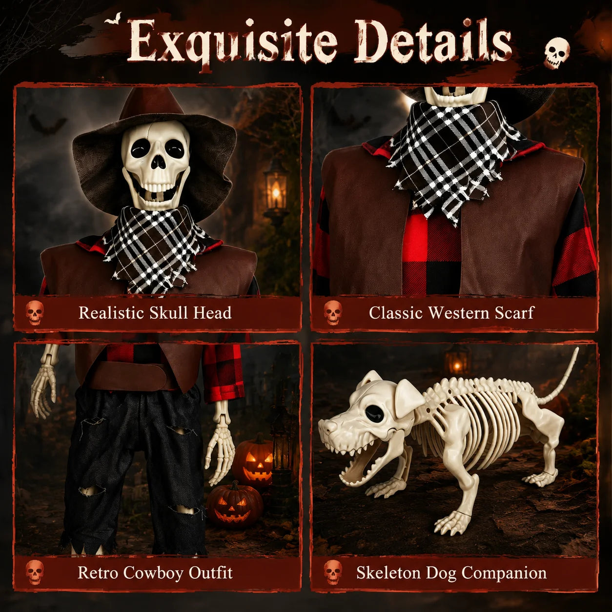 36" Halloween Skeleton Decorations, Posable Skeleton & Dog Outdoor Decor Creepy Halloween Western Cowboy Themed Set, Plastic Skeleton Featuring Movable Joints, Indoor Outdoor Yard & Party Decor