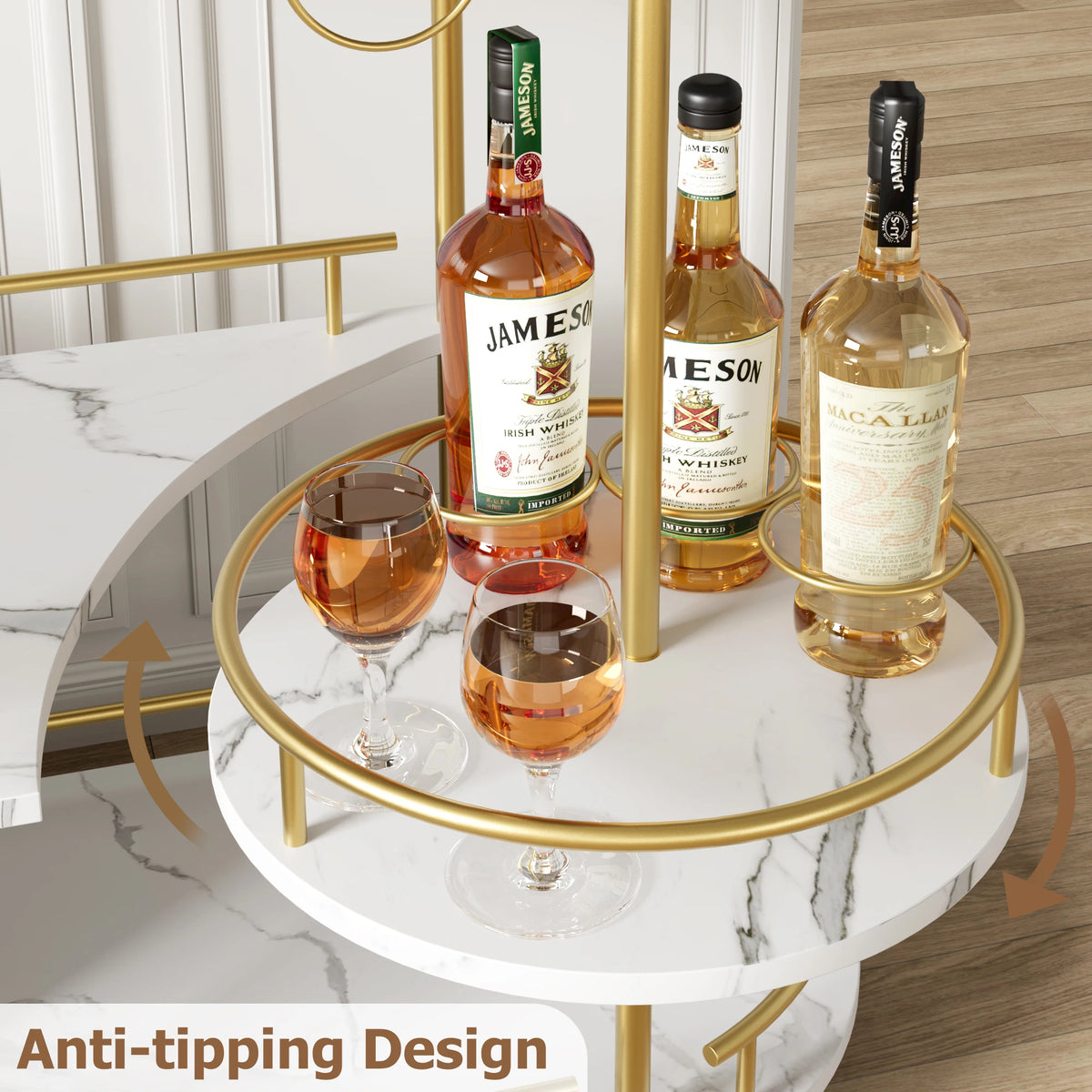 Gold Bar Cart 3 Tier Bar Carts for The Home Rotated Bar Cart Gold with Wine Rack and Glass Holder, Bar Serving Cart with Wheel