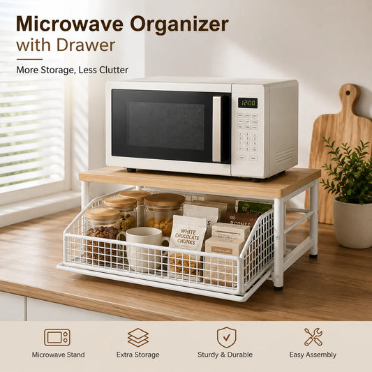 Kitchen Microwave Stand with Drawer, Multifunctional Countertop Organizer Storage Rack, Upright Shelf for Oven, Baking Tools and Kitchen Essentials