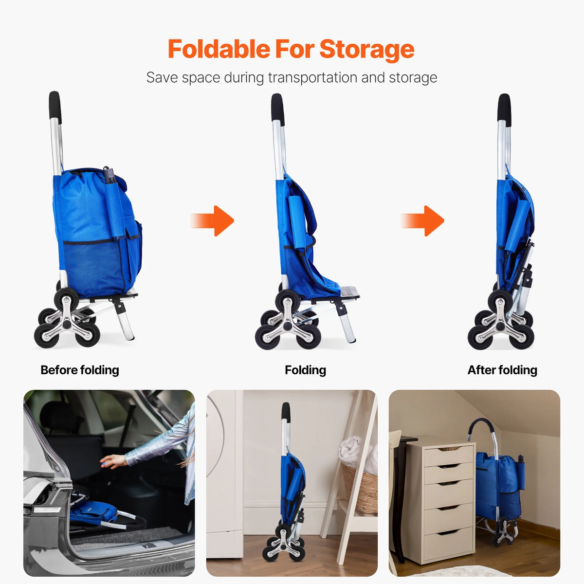SucceBuy 36L Folding ShoppingCart Stair Climbing Handcart with 6Wheels & Oxford Cloth Bag Hand Truck for Grocery Laundry Storage