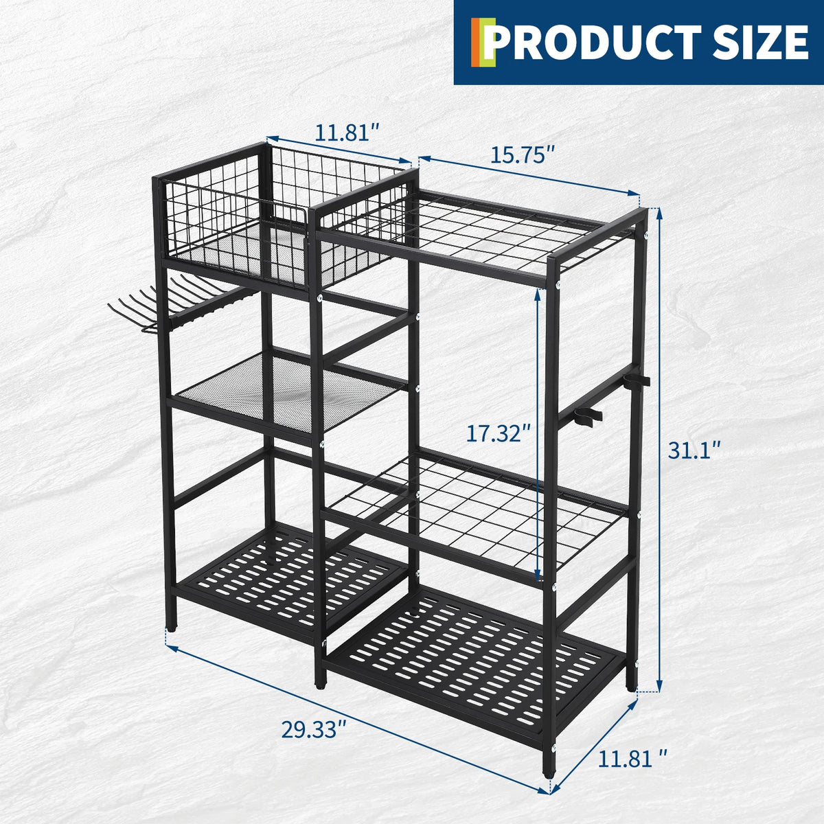 3-Tier Steel Garden Tool Organizer Rack Heavy-Duty Freestanding Garage/Storage Unit Storage Tower with Basket & Shelves 35 Long-Handle Slots Wear-Resistant Hooks