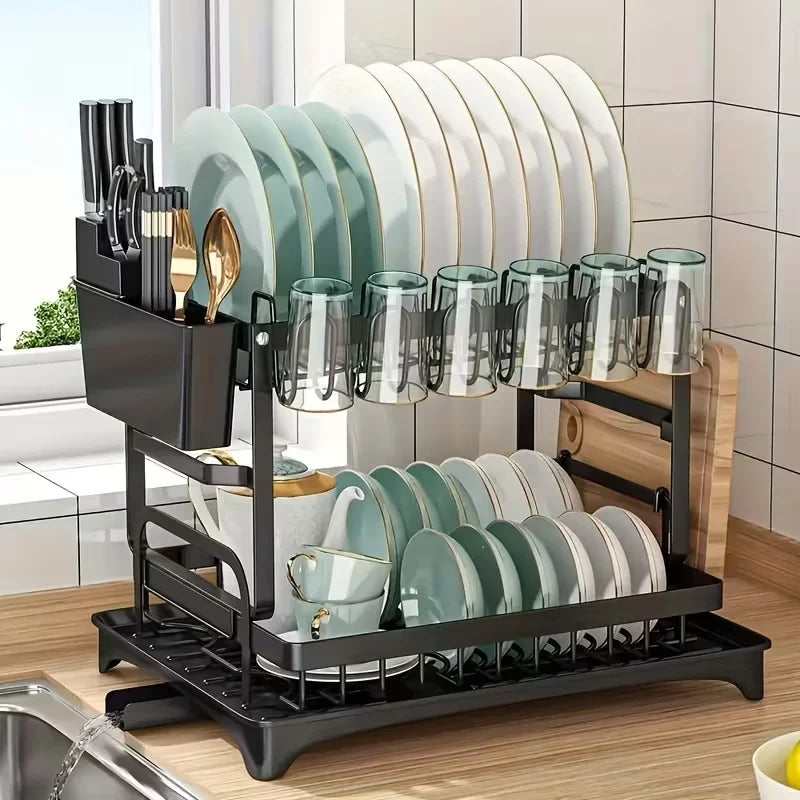 2-Tier Large Kitchen Countertop Drying Rack, Black | Removable Large Capacity Dish Drainer with Automatic Drainage, Rust-Resistant Rack, with Cup Holder and Utensil Holder