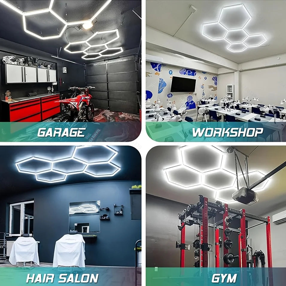 Hexagon Garage Lights DIY Hexagon Led Light 6500K Ultra Bright Honeycomb Hex Lights Easy Install Durable Design for Garage Shop Basement Barber Homegym