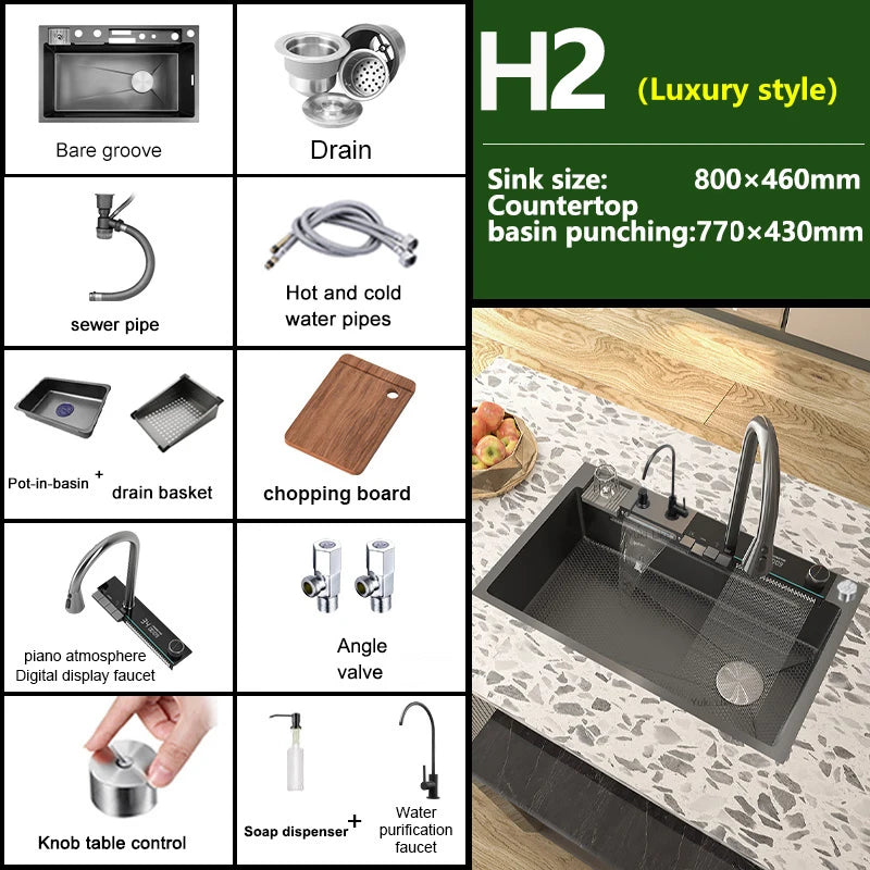 Various Waterfall Kitchen Sink Stainless Steel Multifunctional Large Single Slot Digital Display Sinks