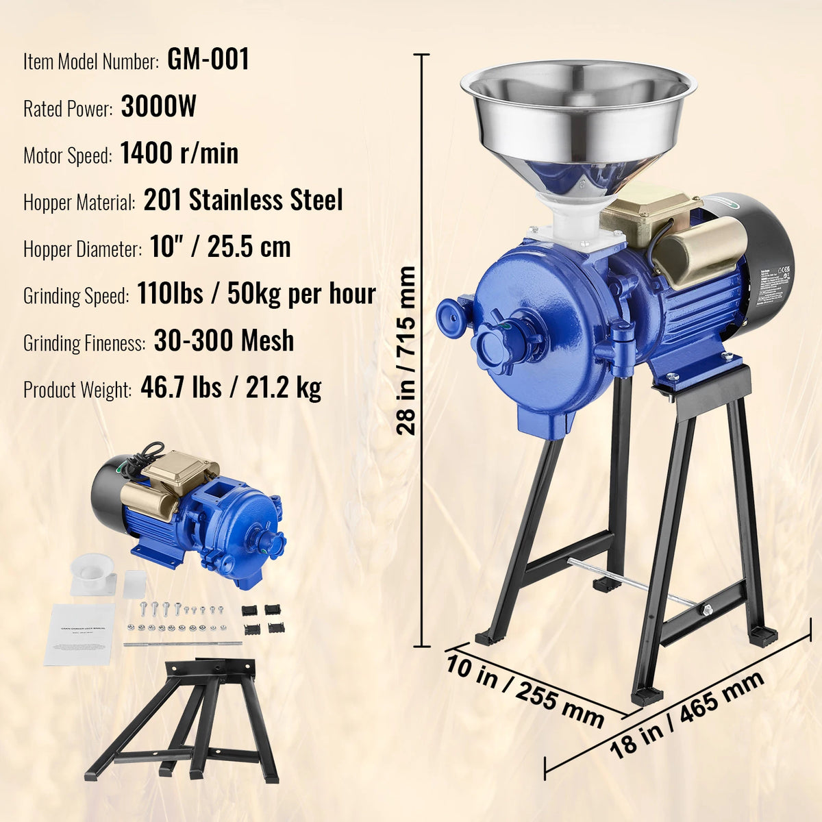 SucceBuy Electric Grain Mill Grinder 3000W Spice Grinders, Commercial Corn Mill with Funnel Cereal  Wheat Grinders Dry Grinder