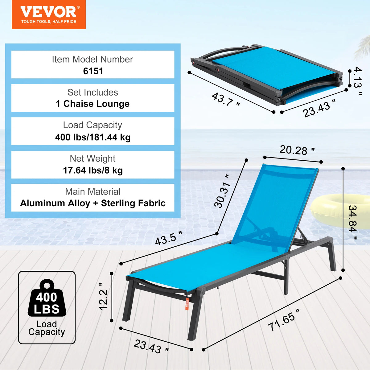 SucceBuy Chaise Lounge Chair Outdoor Aluminum Patio LoungeFolding Pool Lounge Recliner Full Flat for Patio Beach Pool Dark Grey