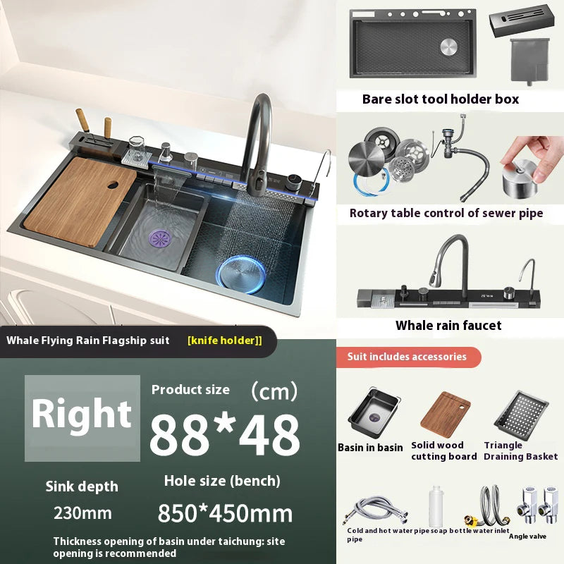 Various Waterfall Kitchen Sink Stainless Steel Multifunctional Large Single Slot Digital Display Sinks