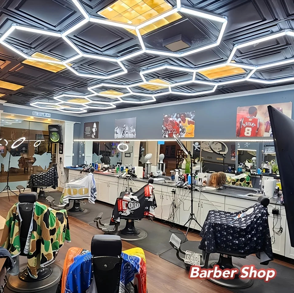 Hexagon Garage Lights DIY Hexagon Led Light 6500K Ultra Bright Honeycomb Hex Lights Easy Install Durable Design for Garage Shop Basement Barber Homegym