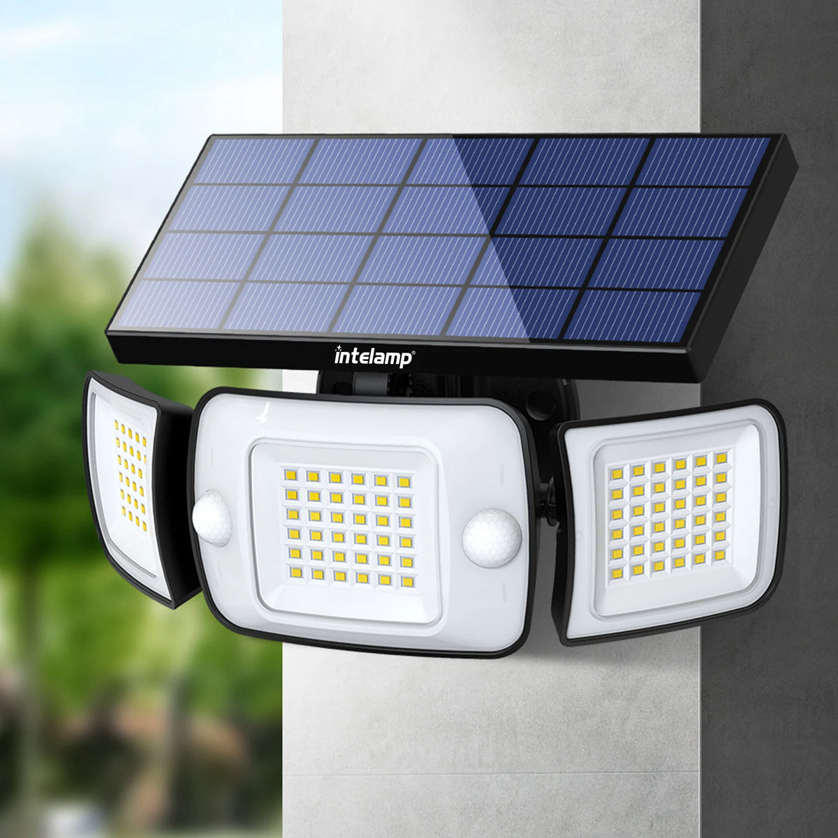 Intelamp Long Battery Life 6000mAh Outdoor Solar Lights Flood Light With Larger Solar Panel Two Motion Sensors For Yard Garden
