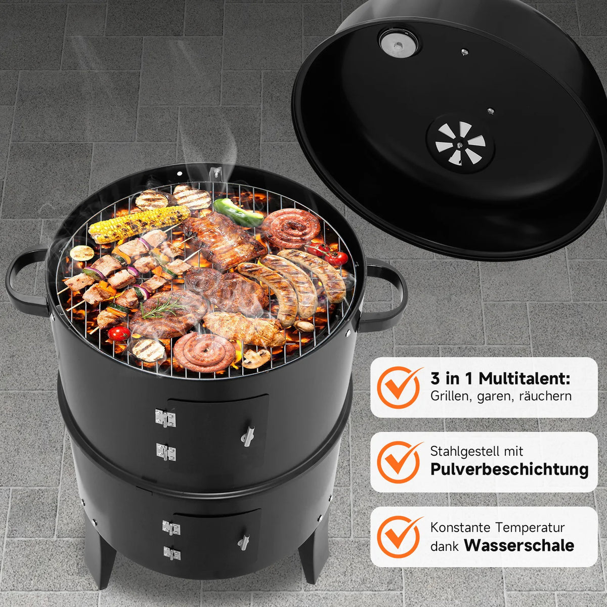 3 in 1 Smoked Grill Has Grilling Vertical Portable Smoker Grill Detachable 2 Layers for Camping Outdoor BBQ Cooking Black