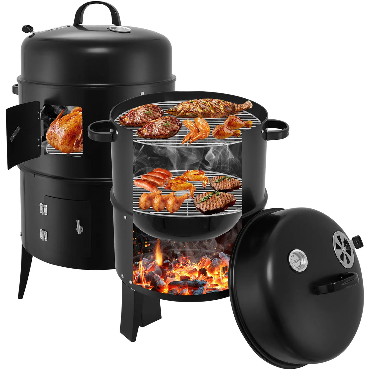 3 in 1 Smoked Grill Has Grilling Vertical Portable Smoker Grill Detachable 2 Layers for Camping Outdoor BBQ Cooking Black
