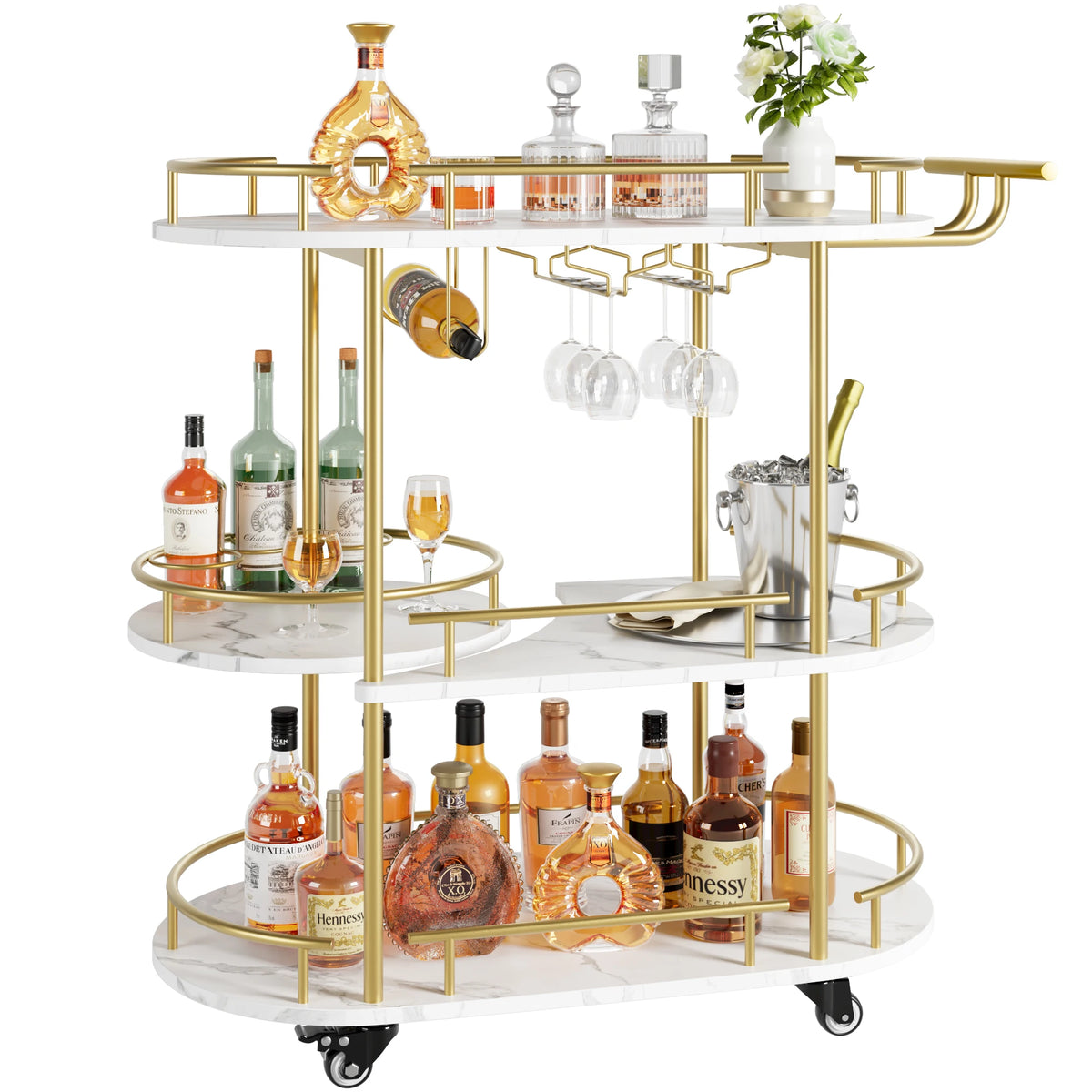 Gold Bar Cart 3 Tier Bar Carts for The Home Rotated Bar Cart Gold with Wine Rack and Glass Holder, Bar Serving Cart with Wheel