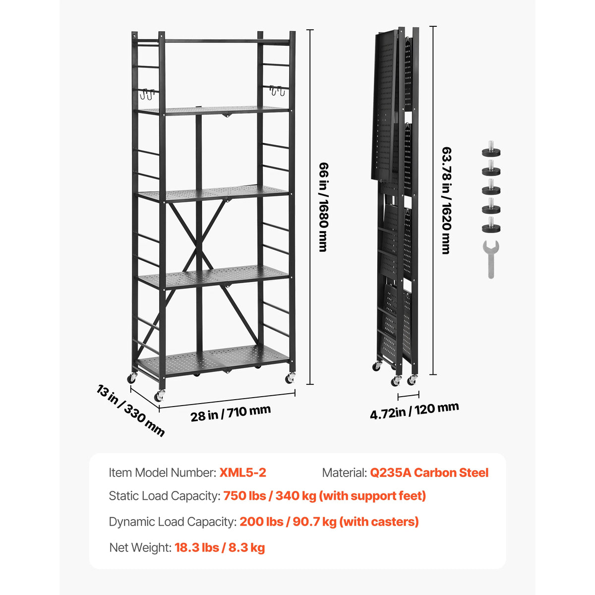 SucceBuy 6/5/4/3 Tier Black Foldable Storage Shelf with Wheels Folding Metal Rack Shelving Unit Organizer for Garage Kitchen
