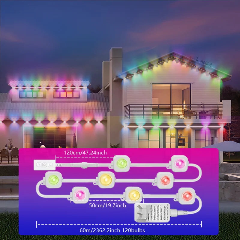 50FT/100FT/150FT/200FT/300FT Permanent Outdoor Lights Waterproof RGB String Lights DIY Scene Christmas Birthday Holiday Party