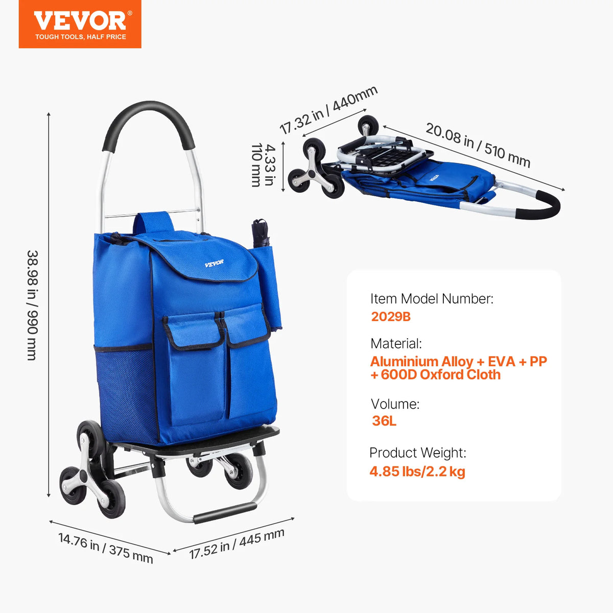 SucceBuy 36L Folding ShoppingCart Stair Climbing Handcart with 6Wheels & Oxford Cloth Bag Hand Truck for Grocery Laundry Storage