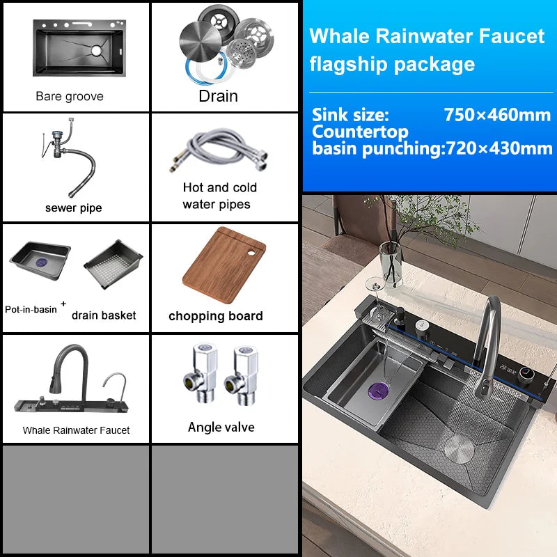 Various Waterfall Kitchen Sink Stainless Steel Multifunctional Large Single Slot Digital Display Sinks