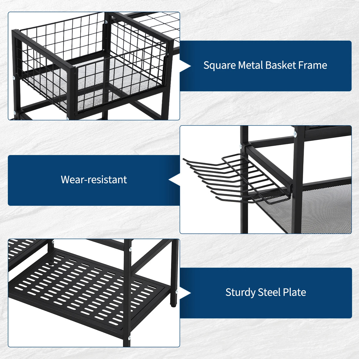 3-Tier Steel Garden Tool Organizer Rack Heavy-Duty Freestanding Garage/Storage Unit Storage Tower with Basket & Shelves 35 Long-Handle Slots Wear-Resistant Hooks