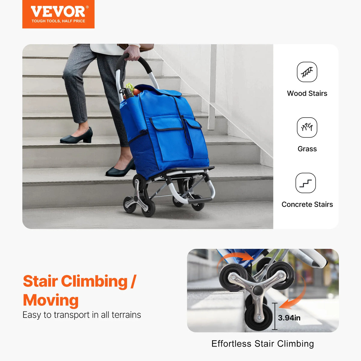 SucceBuy 36L Folding ShoppingCart Stair Climbing Handcart with 6Wheels & Oxford Cloth Bag Hand Truck for Grocery Laundry Storage