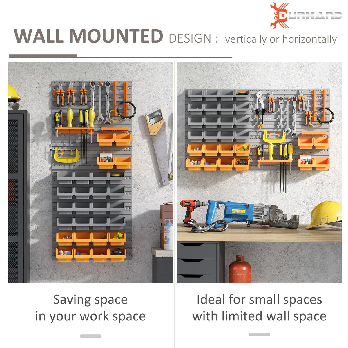 Durhand Wall Mounted Storage Bins, 44Pc Pegboard Tool Organizer Rack Kit Garage Plastic Shop Tool, Orange
