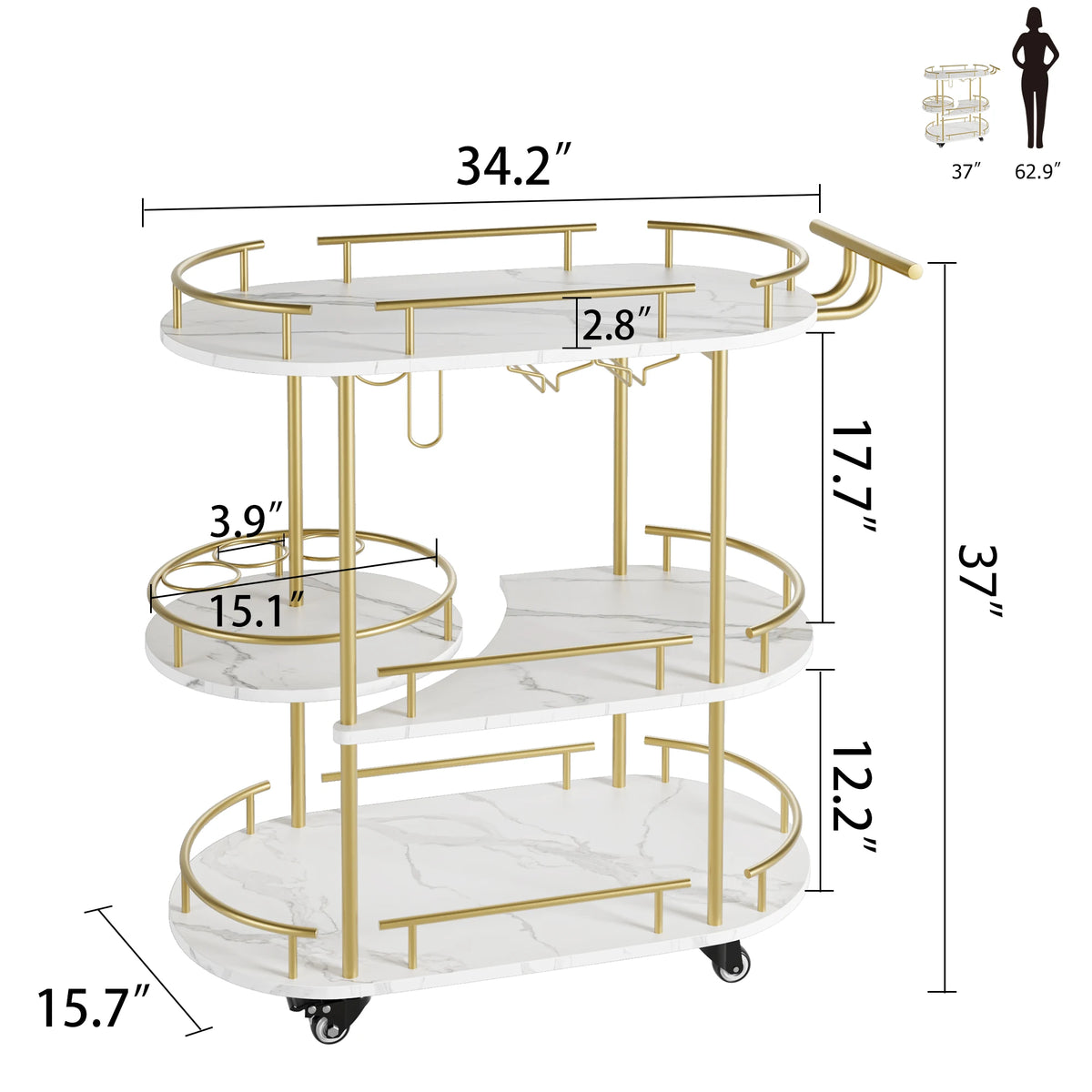 Gold Bar Cart 3 Tier Bar Carts for The Home Rotated Bar Cart Gold with Wine Rack and Glass Holder, Bar Serving Cart with Wheel